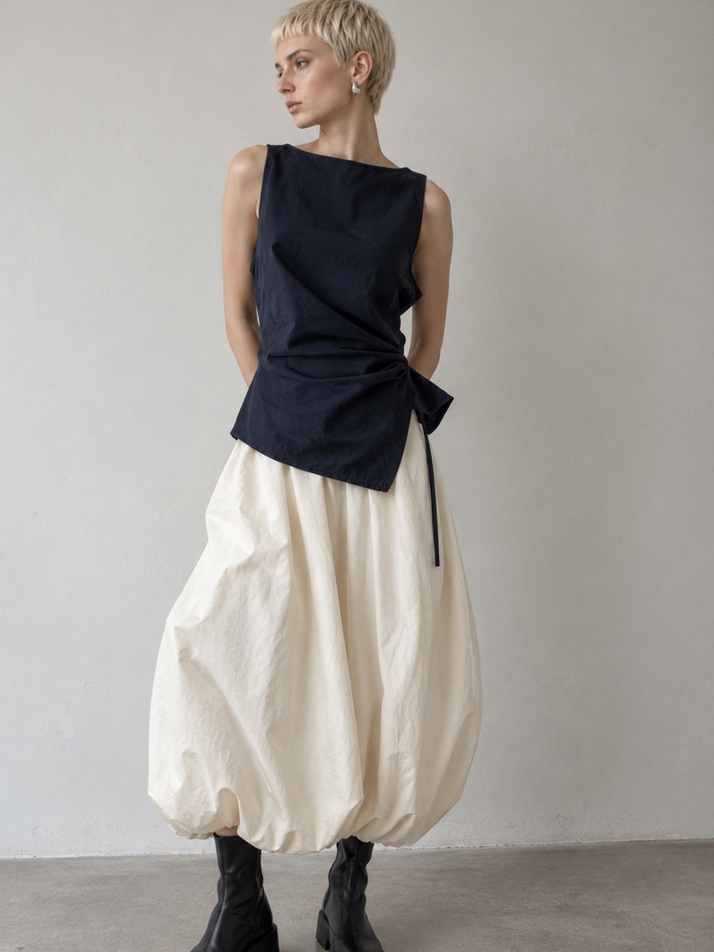 NWT OGL Asymmetric Draped Tie Waist Sleeveless Top Universe Navy L